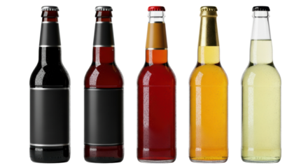 Five perfectly aligned, cold, premium craft beer bottles (dark stout, amber ale, pale lagers) against a brilliant white background with copy space. Concept for beverage advertising