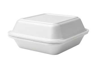 Macro close-up of a blank white expanded polystyrene (eps) clamshell food container, slightly ajar, emphasizing porous texture on an infinity white background. Concept of disposable packaging and