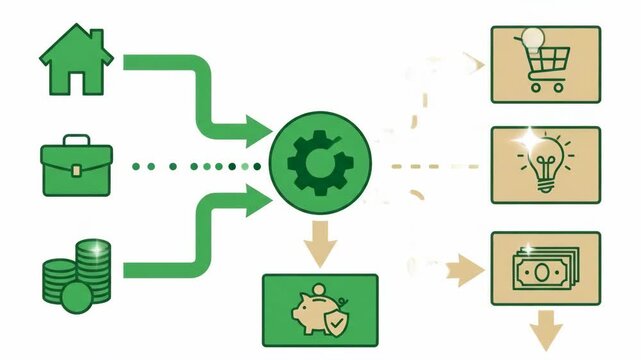Conceptual illustration of a business or financial process with inputs and outputs, Diagram depicting the transformation of resources into tangible assets and services