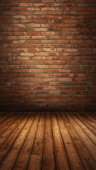 Rustic brick wall and wooden floor background with dramatic lighting