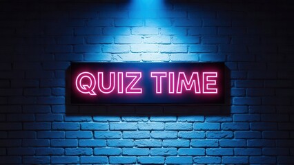 Obraz premium Quiz Time neon sign glowing on a blue brick wall.