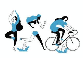 Modern Flat Style Vector of Women Engaging in Yoga, Running, and Cycling Fitness Activities this image represents health, fitness, and an active female lifestyle in a contemporary artistic way.