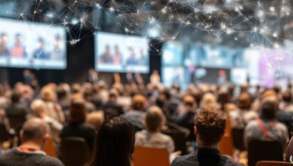 Dynamic Blurred Conference Audience with Digital Network Overlay and Large Screens.