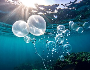 Underwater view of translucent bubbles ascending towards sunlight