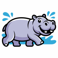 Fototapeta premium Cute cartoon hippo splashing in water, playful animal illustration with copy space, perfect for kids' designs and backgrounds.