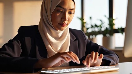 Focused young Asian woman wearing a hijab and formal attire typing on a keyboard, showcasing professional dedication