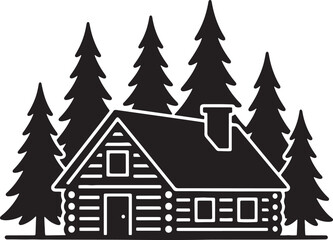 Naklejka premium A black and white of a log cabin surrounded by tall pine trees also transparent background tall trees
