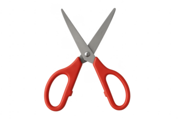 Red handled scissors with open sharp blades used for cutting paper
