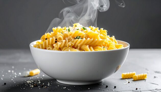 White bowl of steaming fusilli pasta garnished with chopped herbs and grated cheese on dark rustic surface.
