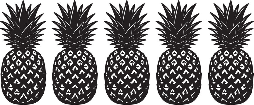 Five black and white pineapples with spiky tops and patterned bodies arranged in a row also transparent background