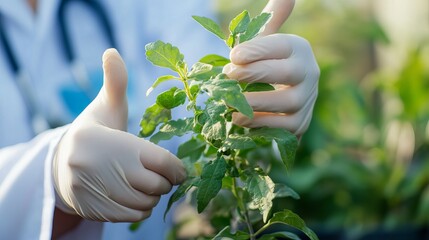 Scientist Examining Green Plant Leaves in Laboratory Gloves