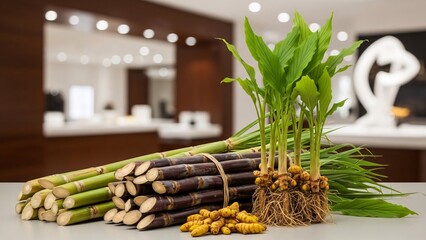 A bundle of sugarcane and a potted plant on a table in a modern room