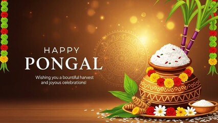 A vibrant illustration celebrating the Pongal festival with traditional decorations and offerings