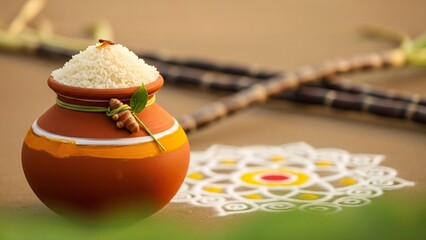 A traditional clay pot filled with rice and decorated with a vibrant design
