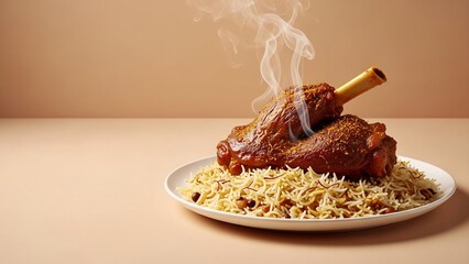 A steaming plate of rice and roasted lamb shank on a table
