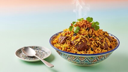 A steaming bowl of flavorful rice and meat in a colorful ceramic dish