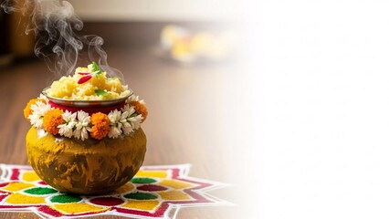 A steaming pot of food decorated with flowers on a colorful mat