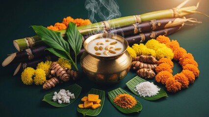 A steaming bowl of traditional Indian herbal medicine surrounded by natural ingredients and decorations