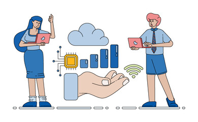 cloud data charts connected with banking technology and artificial intelligence chips for modern financial analysis. cartoon vector illustration for flyer, banner, website, brochure, ads, promotion