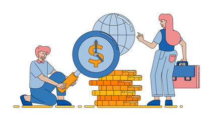 concept of stacking money and exploring financial and banking opportunities to grow profit and business income. cartoon vector illustration for flyer, banner, website, brochure, ads, promotion
