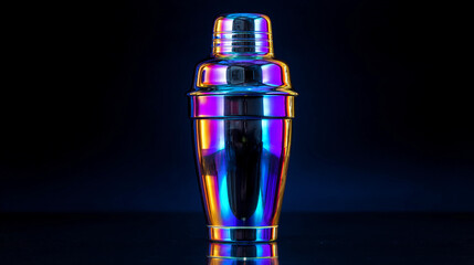 Metal shaker with colorful reflections on dark background