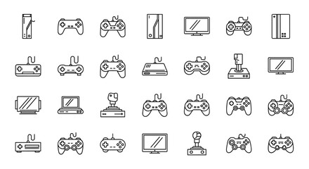 Fototapeta premium Collection of Modern Outline Icons for Video Game Consoles and Controllers, Gaming Accessories and Devices