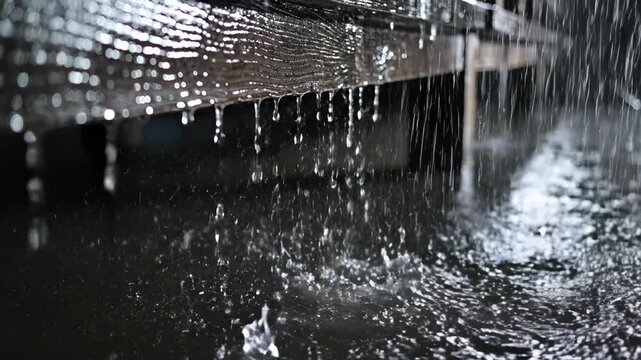 Extreme close-up slow motion shot of heavy rainfall dripping off the edge of a traditional wooden bridge railing into the dark water below at night atmospheric, evening, surface