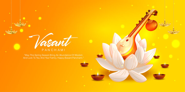A rich yellow festive artwork representing Vasant Panchami with Veena placed inside lotus petals and surrounded by diyas. Suitable for invitation cards, festival branding, web creatives & print design