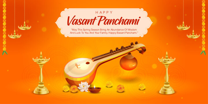 Beautiful Vasant Panchami greeting vector design featuring a traditional veena, glowing oil lamps (diya), marigold flowers and festive hanging decorations on a warm yellow&ndash;orange background.