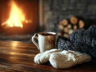 Cozy winter scene featuring a crackling fireplace with a warm drink and sweaters
