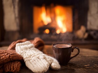 Cozy winter scene with a crackling fireplace, warm sweaters, and a hot drink
