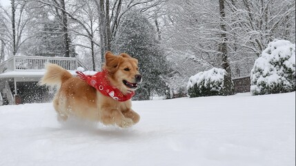Dog playing in the snow with a red scarf, running through a winter wonderland
