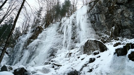 Frozen waterfall with icicles hanging down, snow-covered landscape
