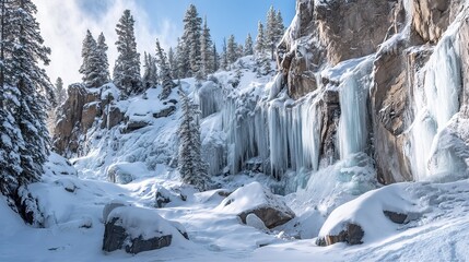 Frozen waterfall with icicles hanging down, snow-covered landscape
