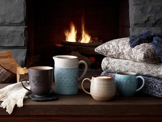 Indoor scene with a crackling fireplace, warm drink, and cozy sweaters
