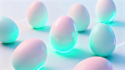 Futuristic Easter background with pastel eggs and neon teal glow, clean minimal composition expressing spring freshness and modern design trends
