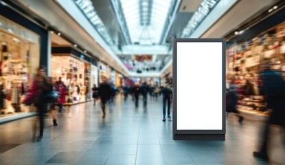 Fototapeta premium Blank Digital Billboard in Busy Modern Shopping Mall with Motion-Blurred Shoppers and Bright Retail Displays.