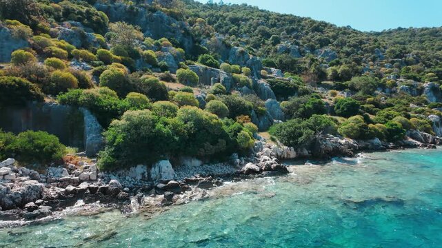 Scenic view of Kekova, a historic underwater civilization with its turquoise crystal clear waters in Antalya, Turkey.
