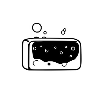 Black line art, bar of soap with bubbles, white ba