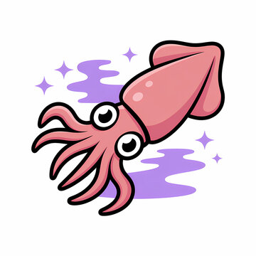 Cute Pink Cartoon Squid Illustration Wallpaper with Purple Swirls and Sparkles, Adorable Sea Creature Art for Kids and Marine Life Themes, Plenty of Copy Space