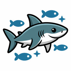 Obraz premium Cute Cartoon Shark Swimming with Small Fish and Stars, Adorable Ocean Life Illustration, Perfect for Children's Designs and Educational Content, Vibrant and Playful, Copy Space Included