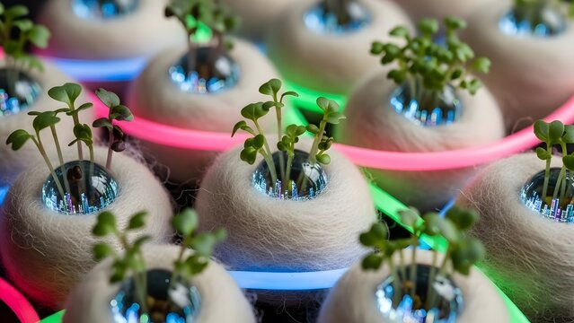 Wool Fiber Hydroponic Pods with Neon Aquaponic Tubes and Microgreens