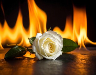 White rose with green leaves against blazing orange flames