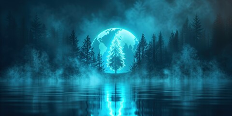 Glowing blue neon christmas tree reflecting on water in misty forest.

