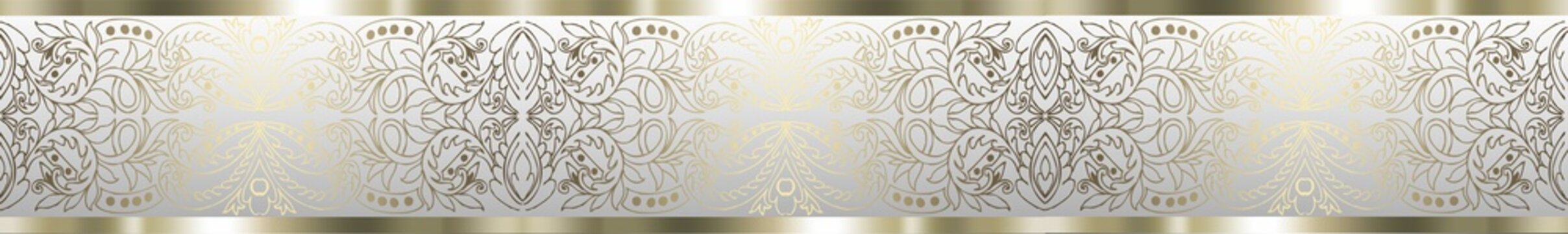 Elegant white panoramic background with golden floral ornament and luxury border