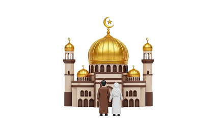 Obraz premium Couple at Golden Mosque with Crescent Moon on transparent background
