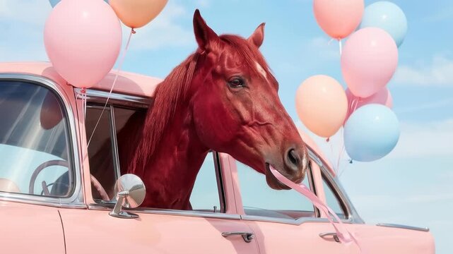 Red horse looking out of pink vintage car window surrounded by colorful pastel balloons floating in sky