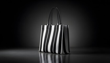 A black and white striped handbag sits on a reflective surface in a dark room with a spotlight shining on it.