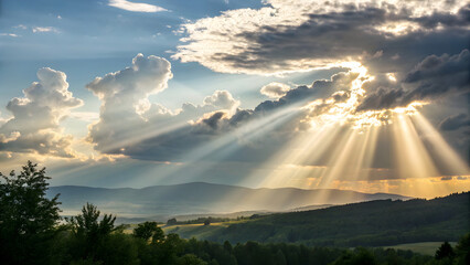 Sun Rays Breaking Through Dramatic Clouds Over Green Mountain Landscape