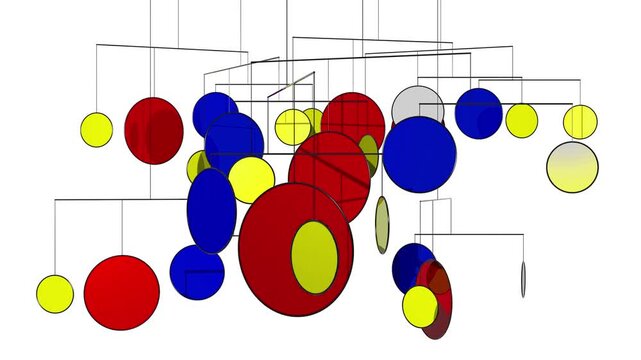 Abstract Kinetic Mobile Sculpture, Loops.
Abstract kinetic sculpture inspired by the mobiles of Alexander Calder, featuring colorful geometric discs suspended in balanced motion. 
